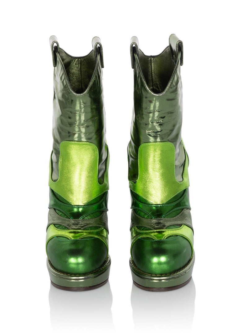Bottega Veneta Metallic Green Leather Ankle Boots, 2010