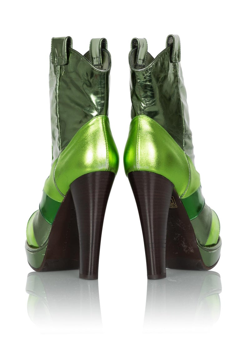 Bottega Veneta Metallic Green Leather Ankle Boots, 2010