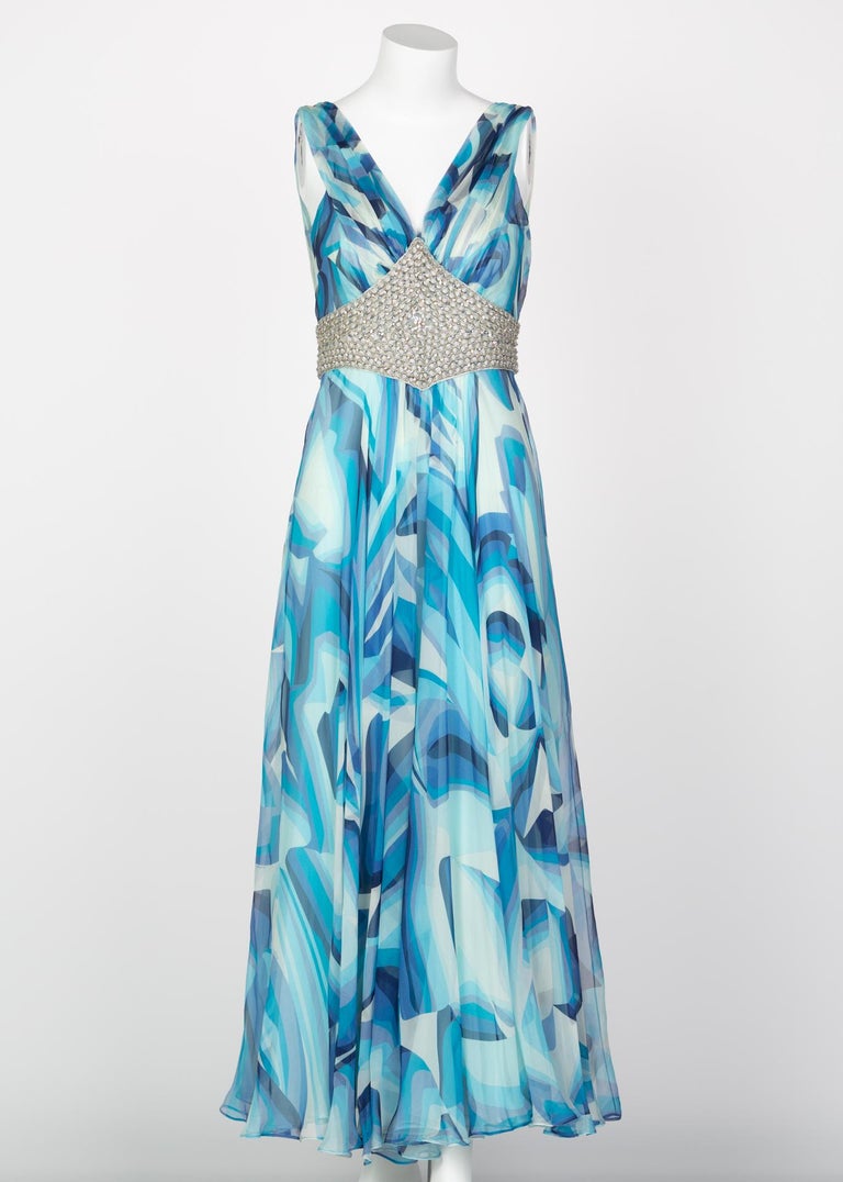Missoni Blue Printed Plunge Neck Sleeveless Silk Crystal Gown, 2006