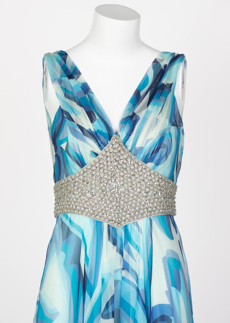 Missoni Blue Printed Plunge Neck Sleeveless Silk Crystal Gown, 2006