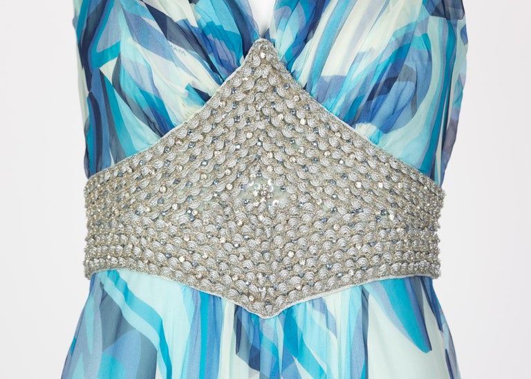 Missoni Blue Printed Plunge Neck Sleeveless Silk Crystal Gown, 2006