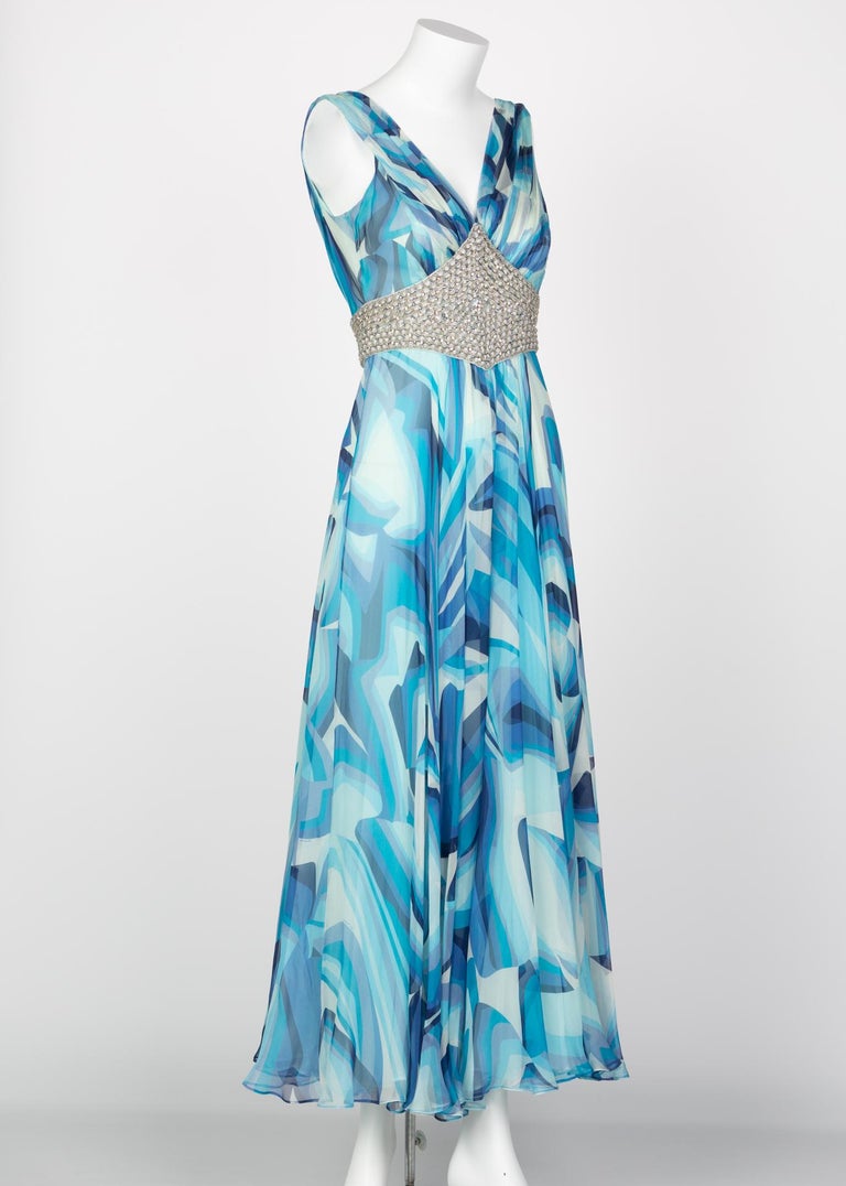 Missoni Blue Printed Plunge Neck Sleeveless Silk Crystal Gown, 2006