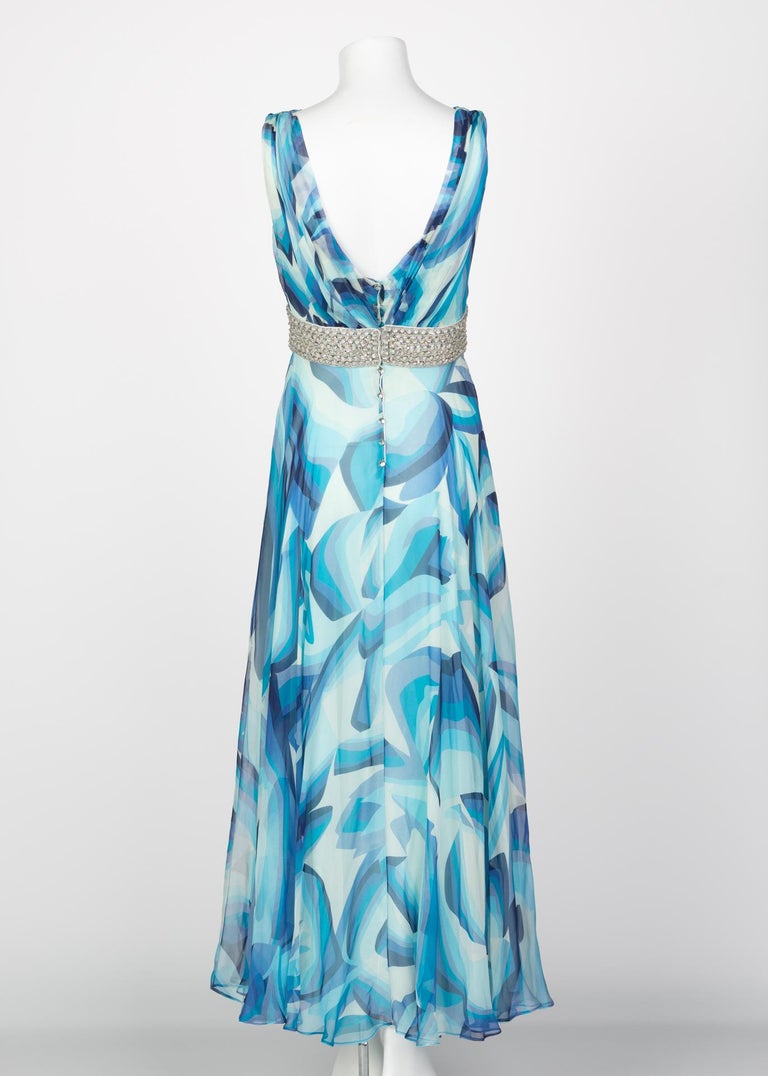Missoni Blue Printed Plunge Neck Sleeveless Silk Crystal Gown, 2006
