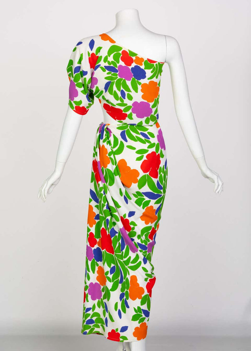 Yves Saint Laurent Floral Draped One Shoulder Top Skirt Ensemble YSL, 1970s