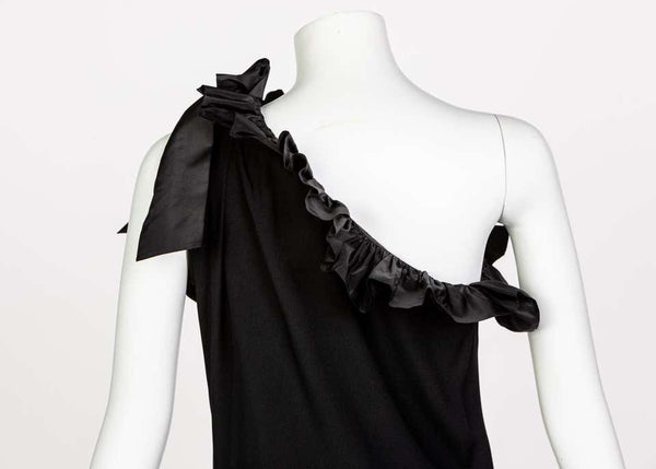 Yves Saint laurent Black Taffeta Ruffle One Shoulder Bow Dress YSL, 1990s