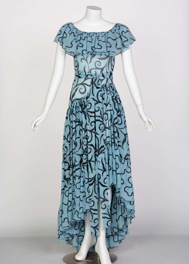 Saint Laurent Arabesque Print Blue Black Ruffle Collar Maxi Dress YSL, 1980s