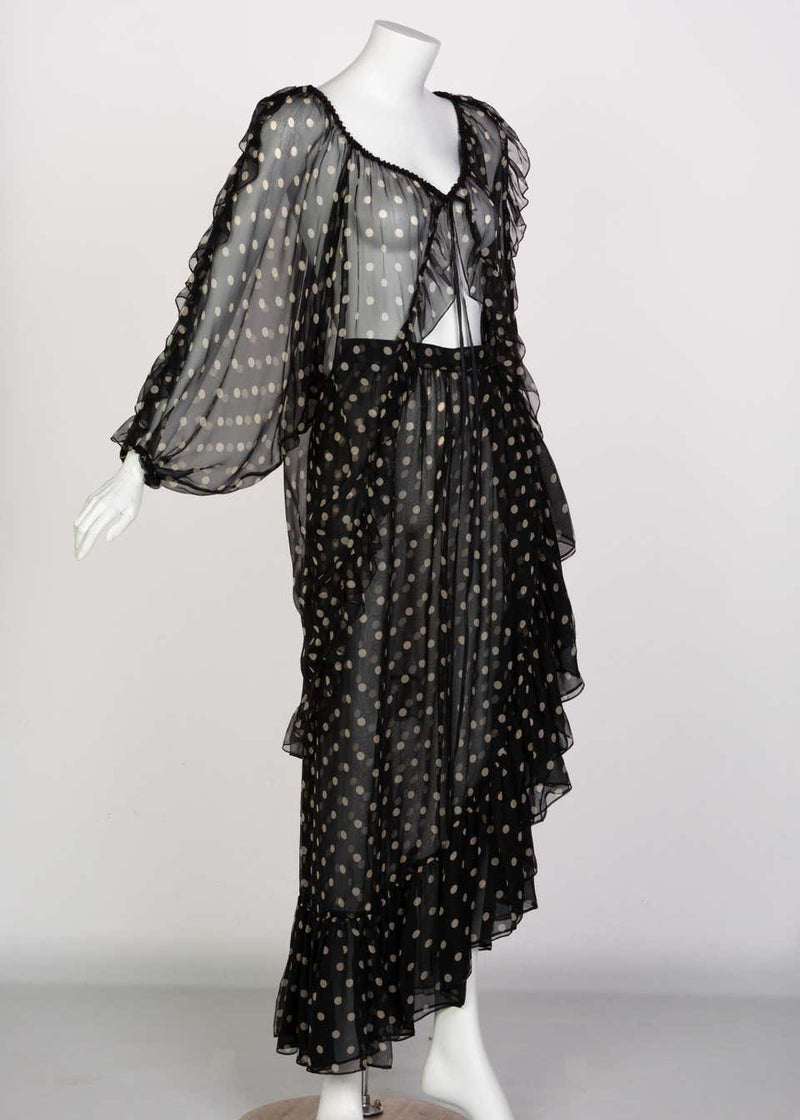 Yves Saint Laurent Black Beige Polka Dot Ruffle Jacket Top Skirt Set, YSL 1980s