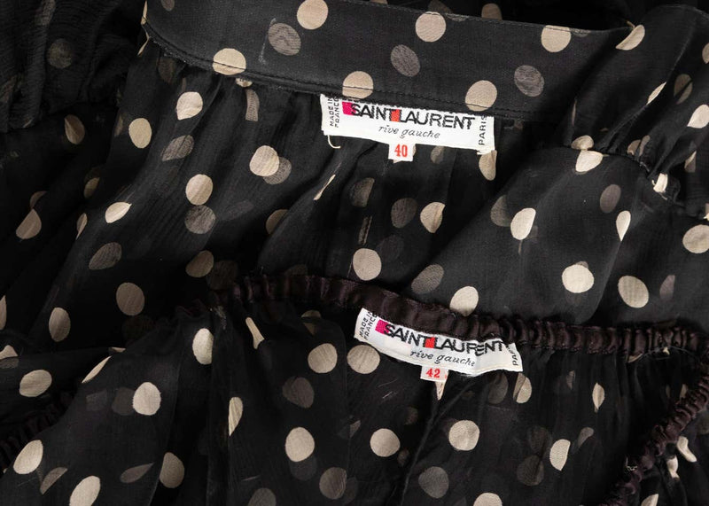 Yves Saint Laurent Black Beige Polka Dot Ruffle Jacket Top Skirt Set, YSL 1980s