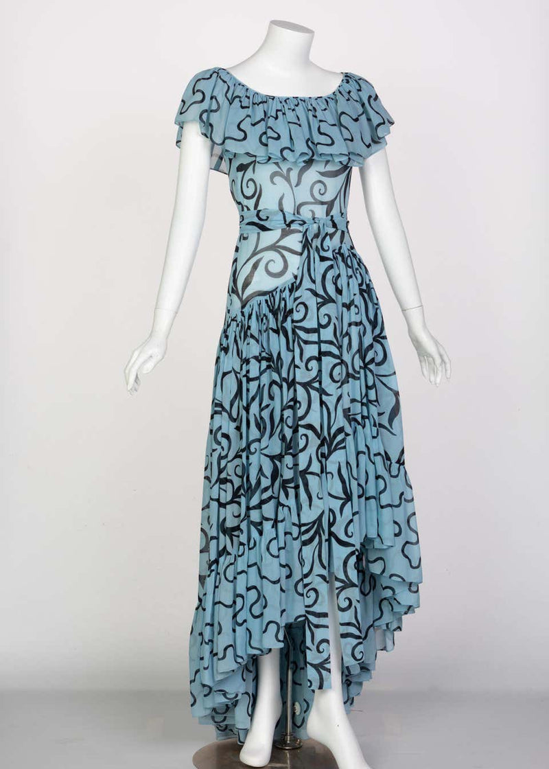 Saint Laurent Arabesque Print Blue Black Ruffle Collar Maxi Dress YSL, 1980s