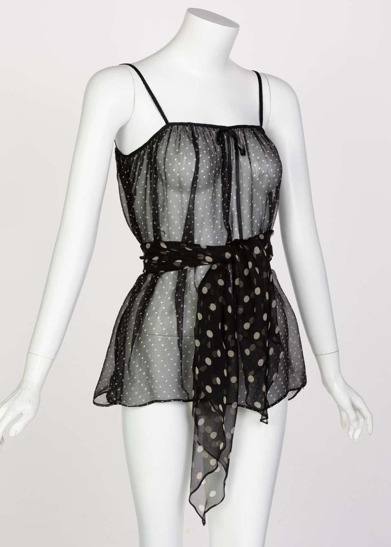 Yves Saint Laurent Black Chiffon Polka Dot Camisole Top YSL, 1980s