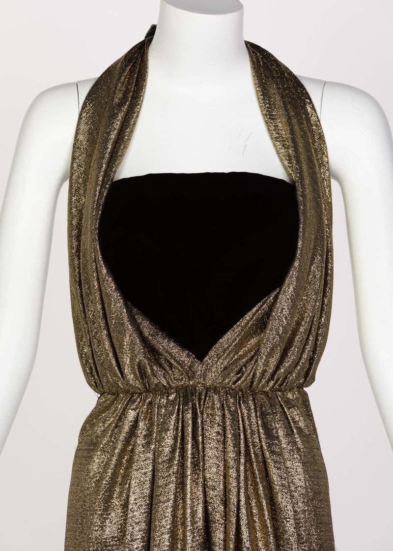 Vintage Bill Blass Black Velvet Gold Metallic Halter Strapless Evening Dress