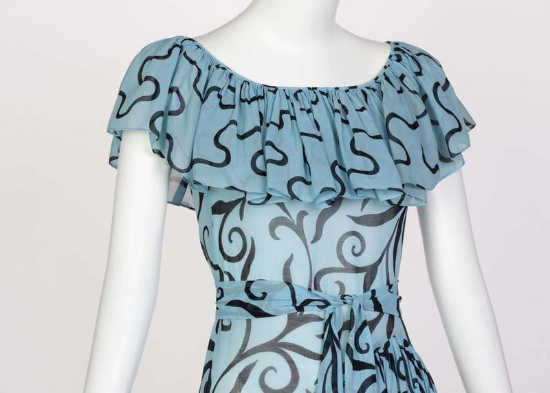 Saint Laurent Arabesque Print Blue Black Ruffle Collar Maxi Dress YSL, 1980s