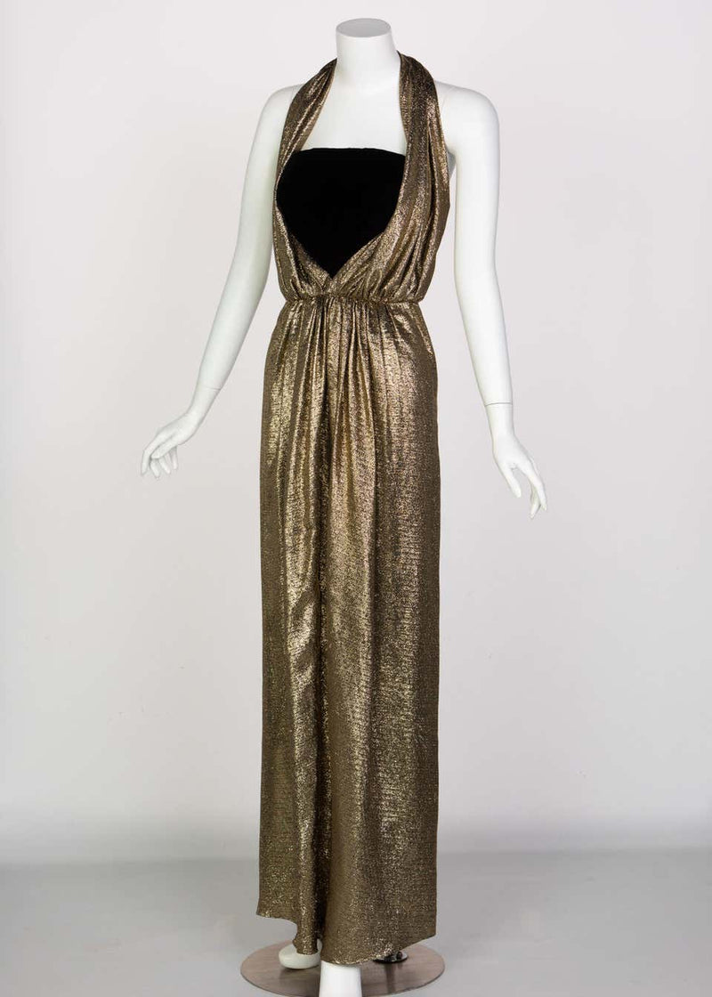 Vintage Bill Blass Black Velvet Gold Metallic Halter Strapless Evening Basha Gold Vintage Bill Blass Black Velvet Gold Metallic Halter Strapless Evening Basha Gold