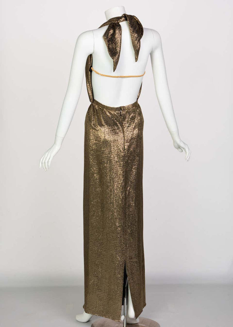 Vintage Bill Blass Black Velvet Gold Metallic Halter Strapless Evening Dress