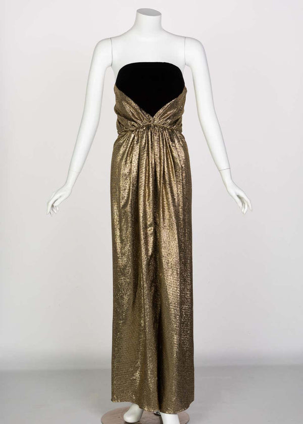 Vintage Bill Blass Black Velvet Gold Metallic Halter Strapless Evening Dress