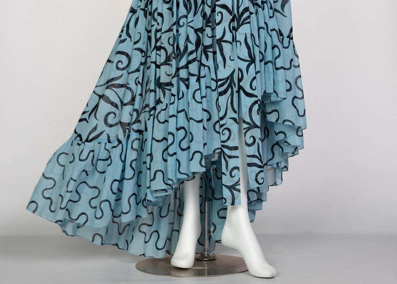 Saint Laurent Arabesque Print Blue Black Ruffle Collar Maxi Dress YSL, 1980s
