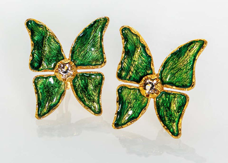 Yves Saint Laurent Green Enamel Crystal Butterfly Earrings YSL, 1993