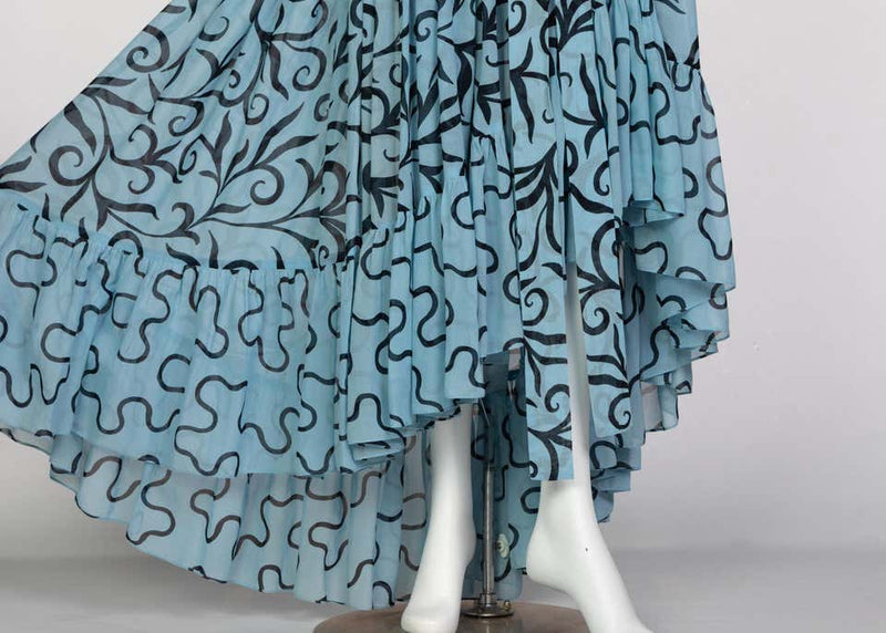 Saint Laurent Arabesque Print Blue Black Ruffle Collar Maxi Dress YSL, 1980s