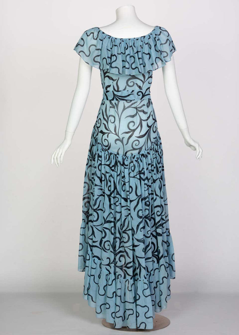 Saint Laurent Arabesque Print Blue Black Ruffle Collar Maxi Dress YSL, 1980s