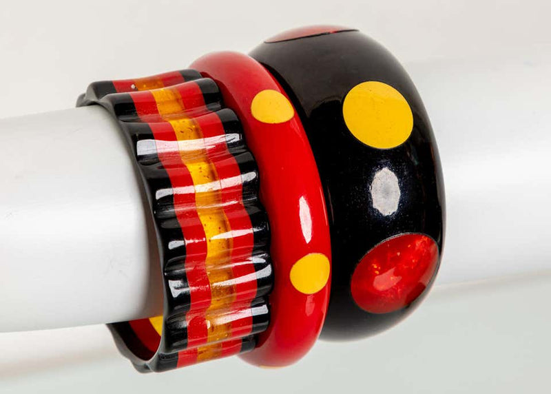 Art Deco Polka Dot & Striped Bakelite Bangle Bracelet Set of 3