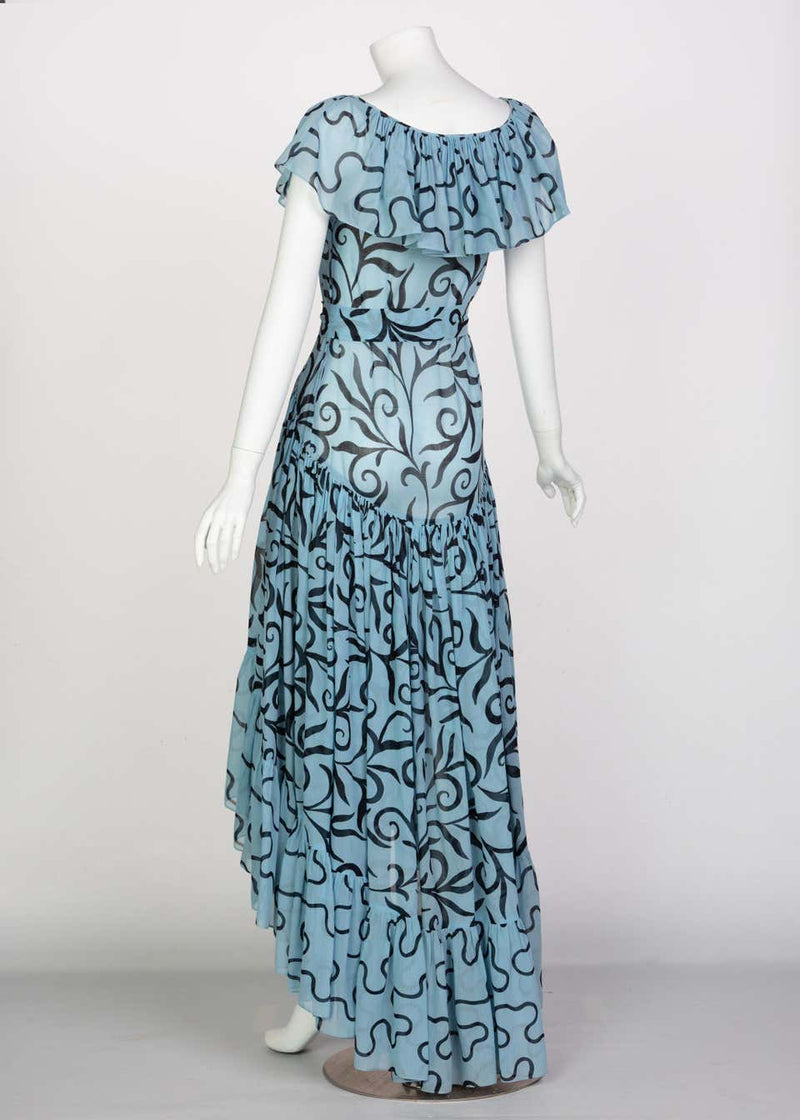 Saint Laurent Arabesque Print Blue Black Ruffle Collar Maxi Dress YSL, 1980s