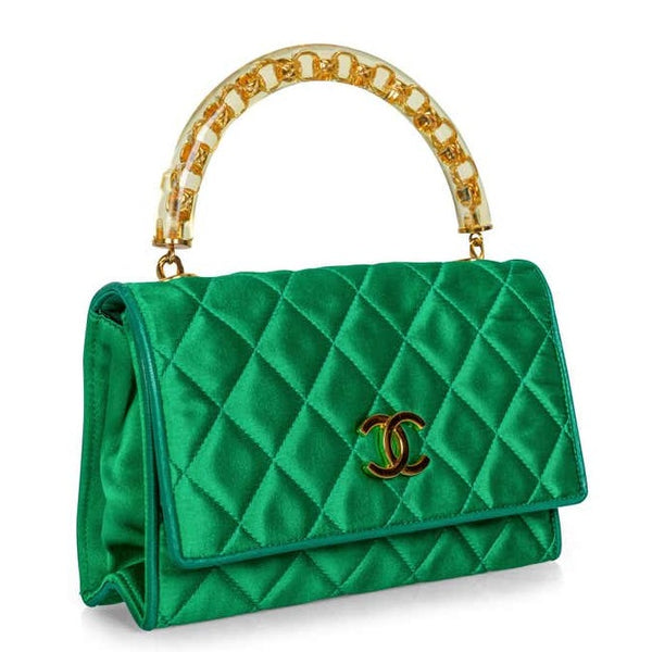 Chanel Rare Vintage Green Satin Lucite Gold Chain Top Handle Bag