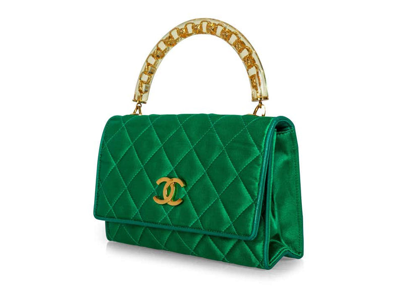 Chanel Rare Vintage Green Satin Lucite Gold Chain Top Handle Bag