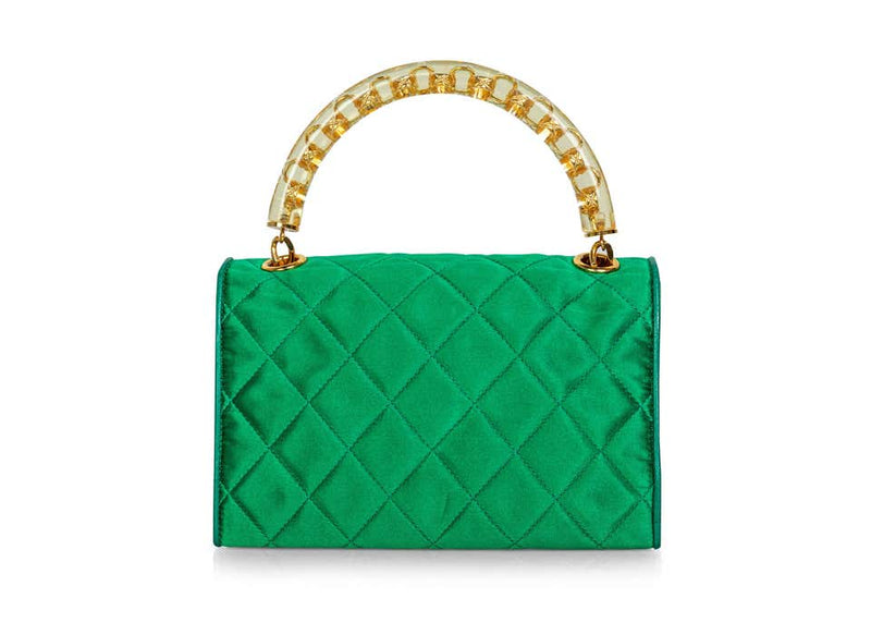Chanel Rare Vintage Green Satin Lucite Gold Chain Top Handle Bag