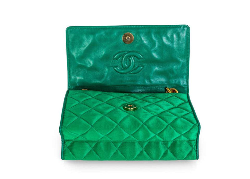 Chanel Rare Vintage Green Satin Lucite Gold Chain Top Handle Bag