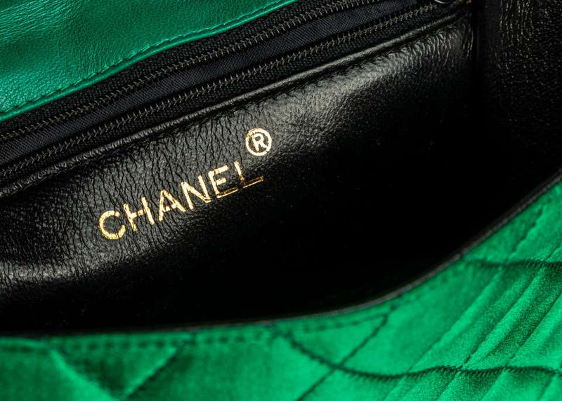 Chanel Rare Vintage Green Satin Lucite Gold Chain Top Handle Bag – Basha  Gold
