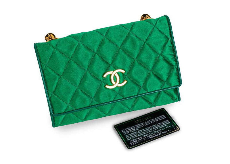 Chanel Rare Vintage Green Satin Lucite Gold Chain Top Handle Bag