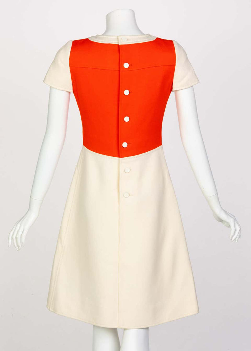 Courrèges Numbered Couture Creme Orange Mod a Line Dress, 1960s