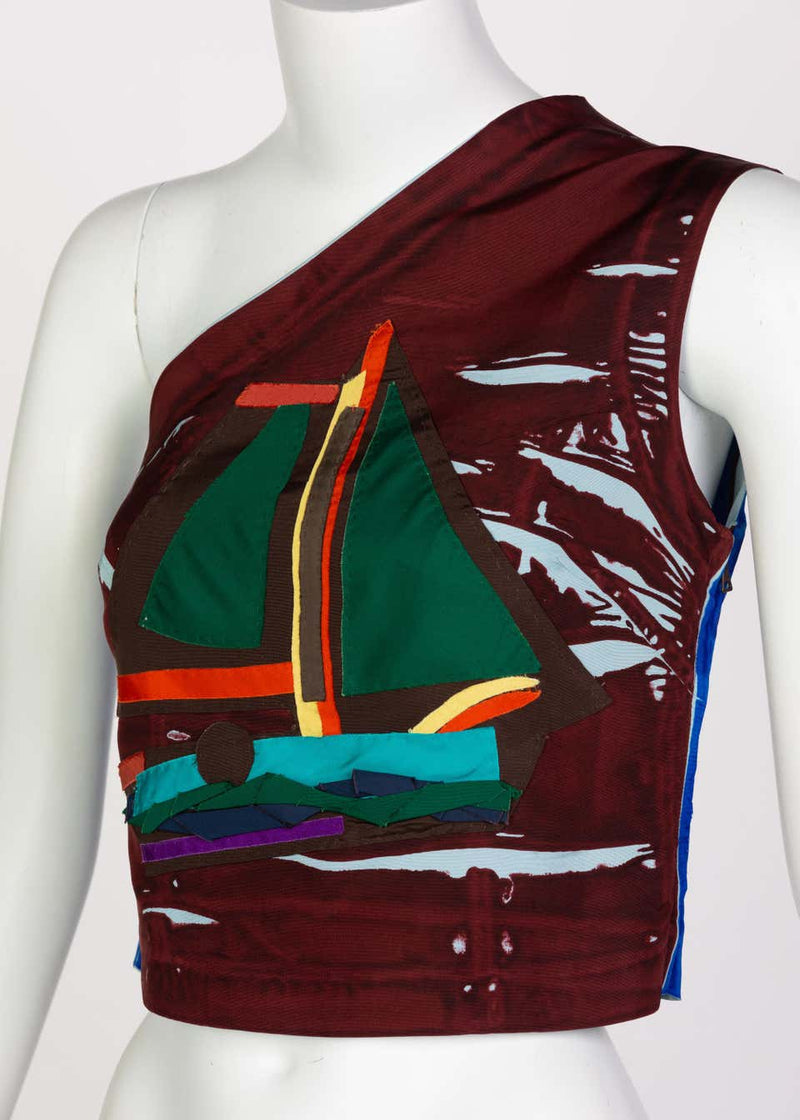 Prada Multicolored Silk Sailboat One Shoulder Top Runway, 2005