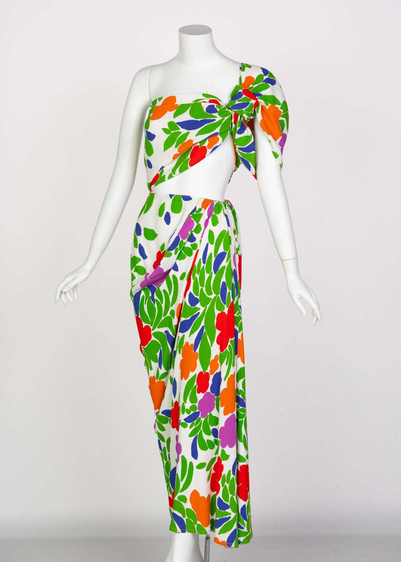 Yves Saint Laurent Floral Draped One Shoulder Top Skirt Ensemble YSL, 1970s