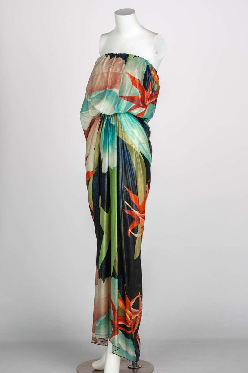 Lanvin Alber Elbaz Tropical Print Metallic Lamé Strapless Draped Maxi Dress 2013