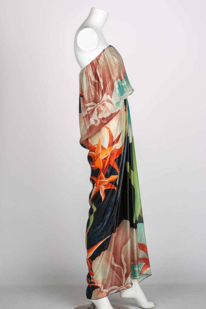 Lanvin Alber Elbaz Tropical Print Metallic Lamé Strapless Draped Maxi Dress 2013