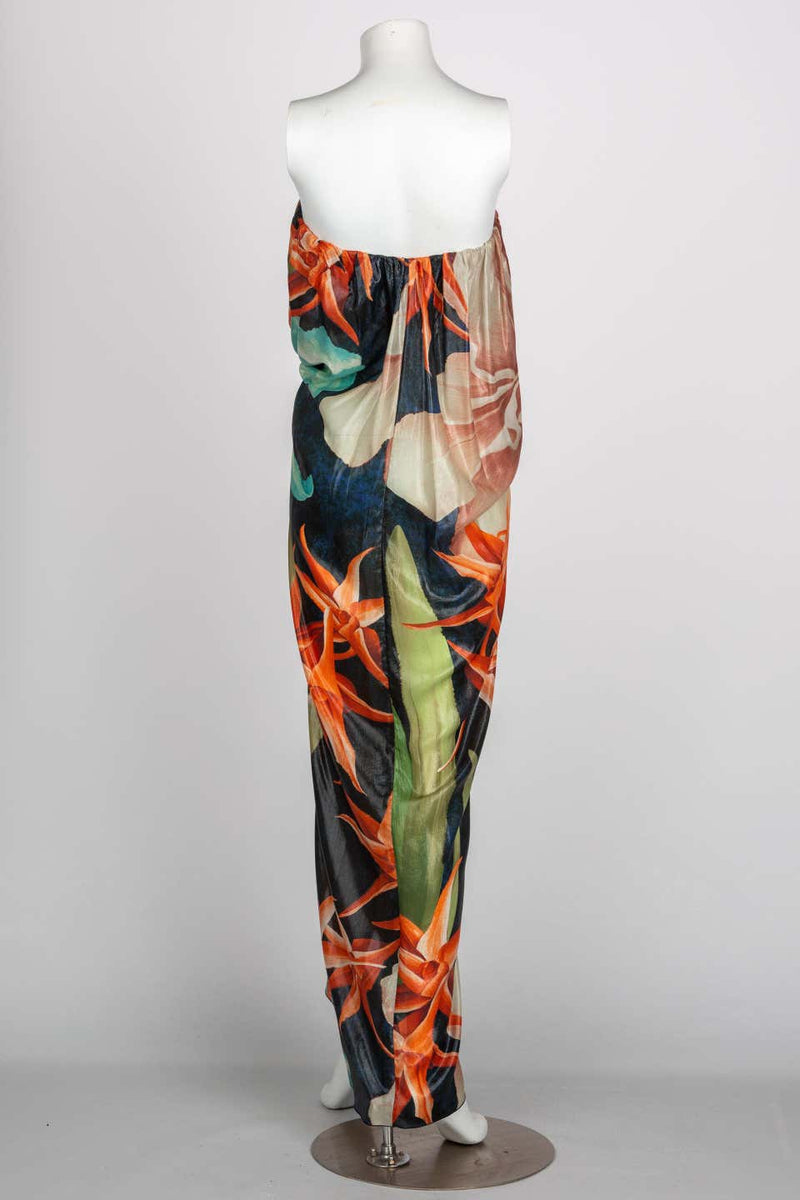 Lanvin Alber Elbaz Tropical Print Metallic Lamé Strapless Draped Maxi Dress 2013