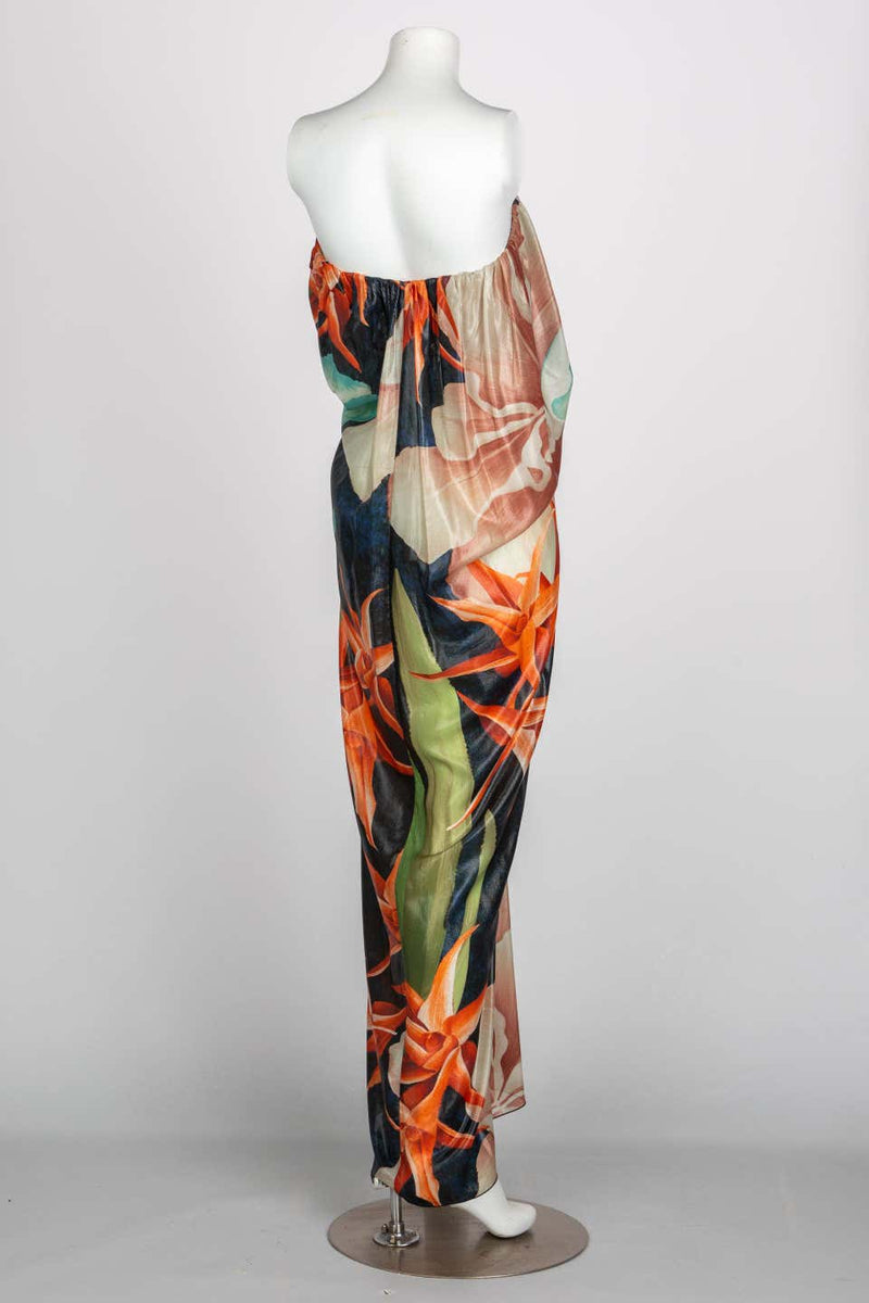 Lanvin Alber Elbaz Tropical Print Metallic Lamé Strapless Draped Maxi Dress 2013