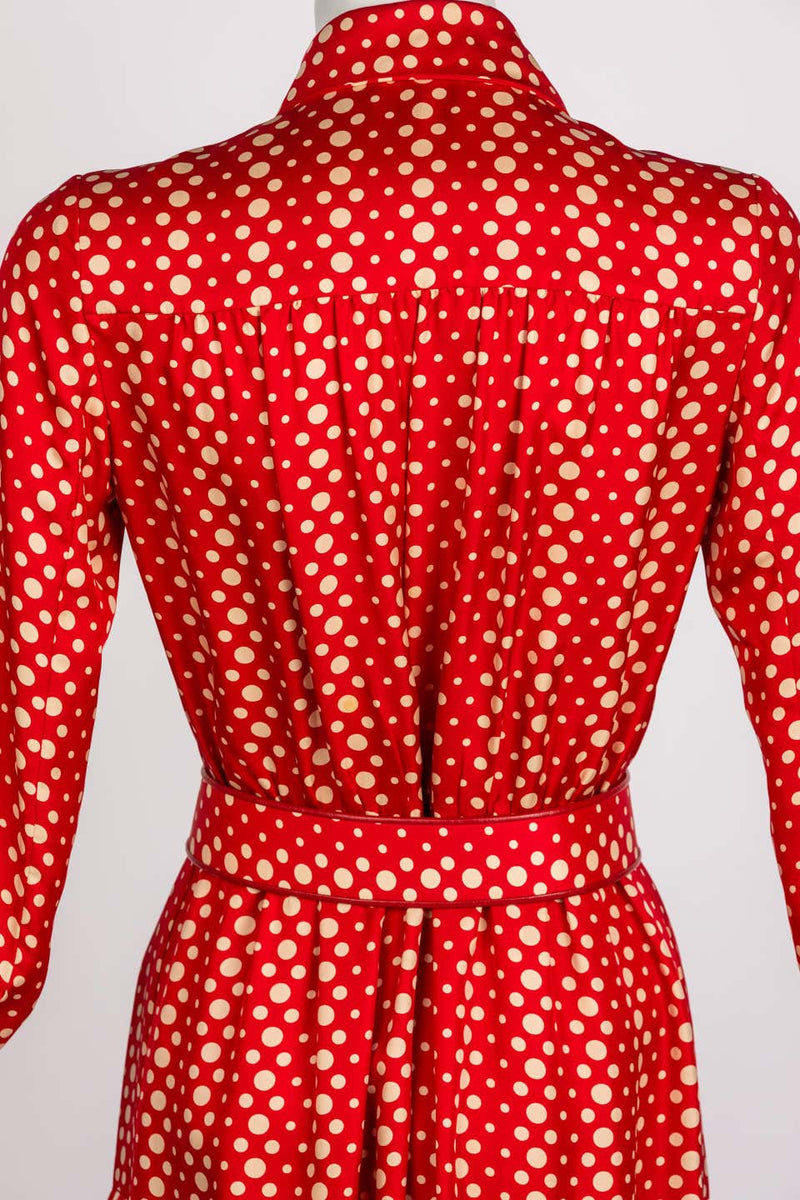Galanos Red Polka Dot Lucite Belted Silk Maxi Dress, 1970s