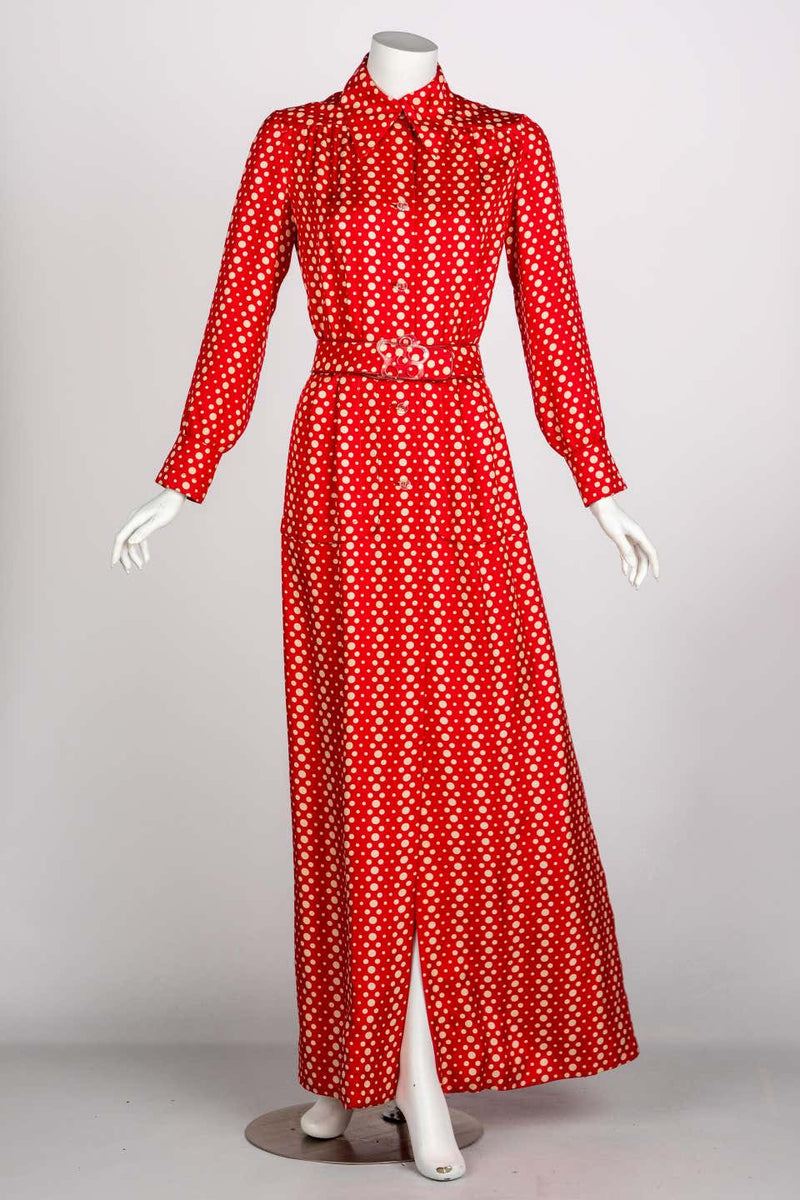 Galanos Red Polka Dot Lucite Belted Silk Maxi Dress, 1970s