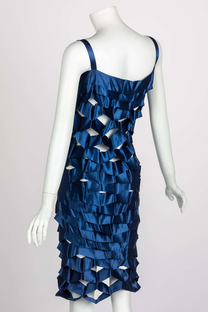 Vintage Issey Miyake Sapphire Blue Satin Ribbon Cage Dress, 1990s