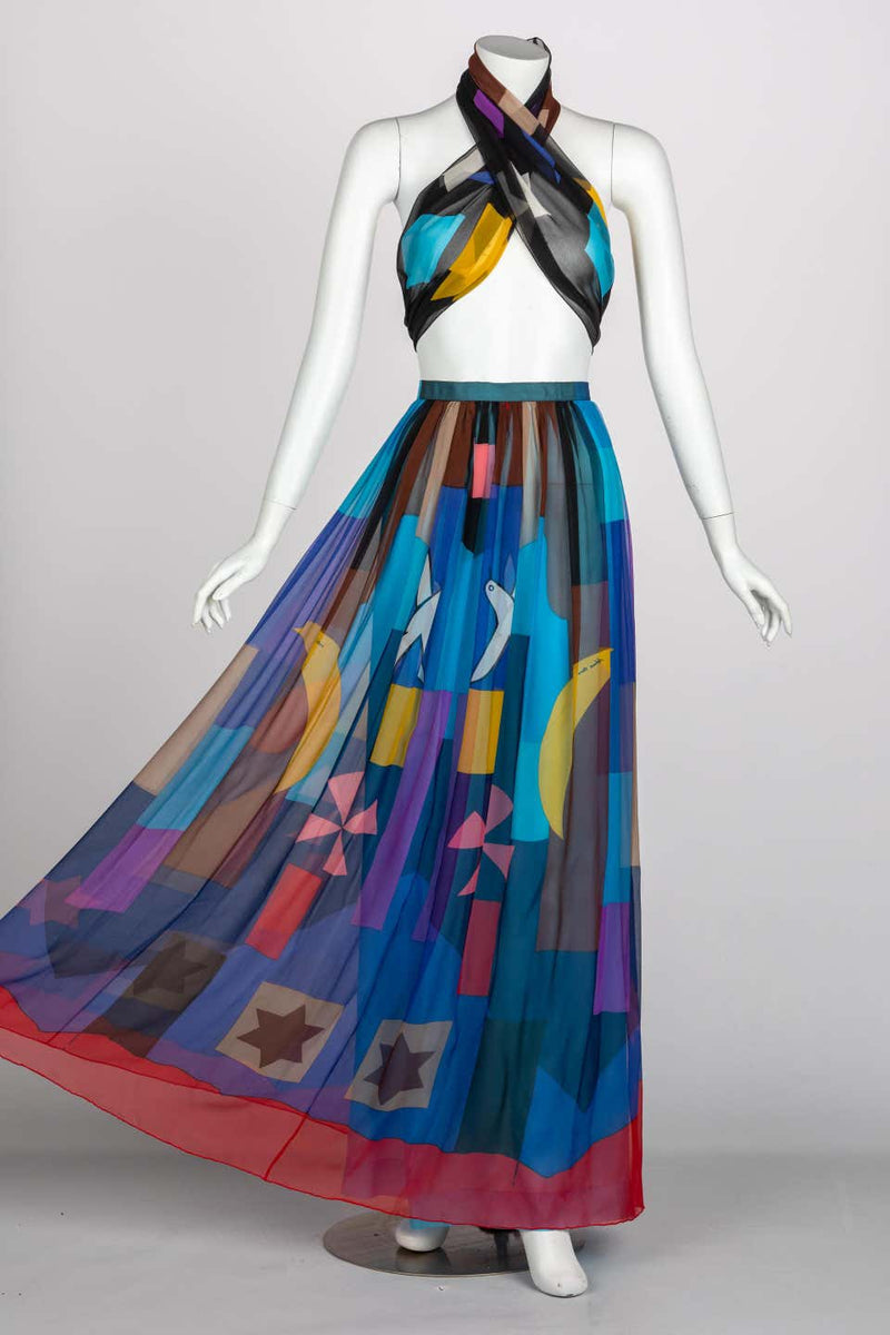 Hanae Mori Couture Silk Printed Maxi Skirt & Shawl Set, 1980s