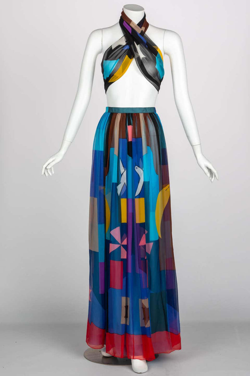 Hanae Mori Couture Silk Printed Maxi Skirt & Shawl Set, 1980s
