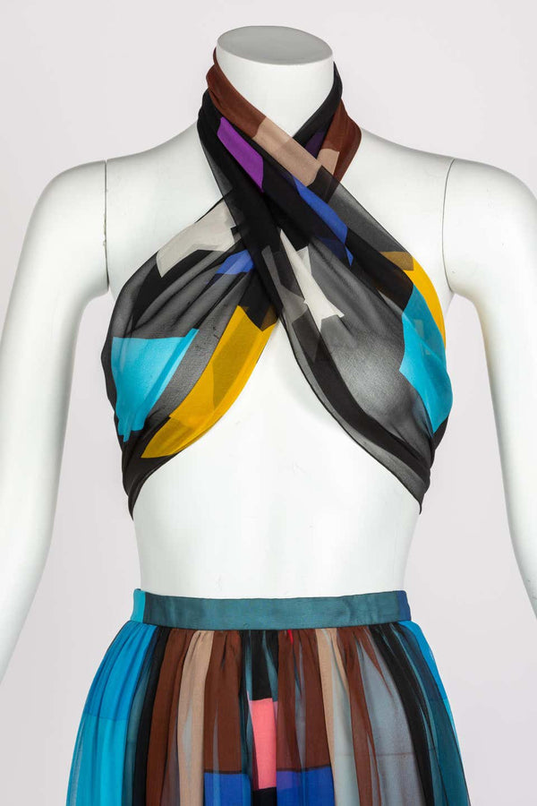 Hanae Mori Couture Silk Printed Maxi Skirt & Shawl Set, 1980s