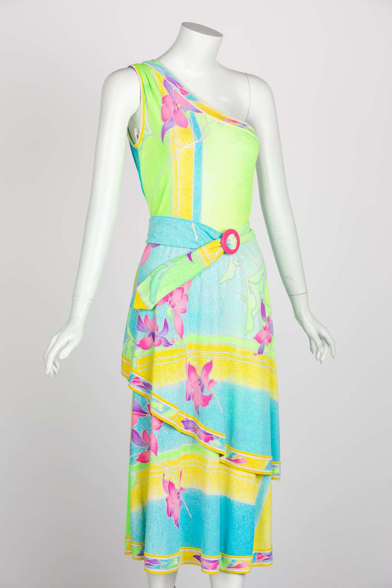 Vintage Léonard Paris One Shoulder Belted Jersey Dress