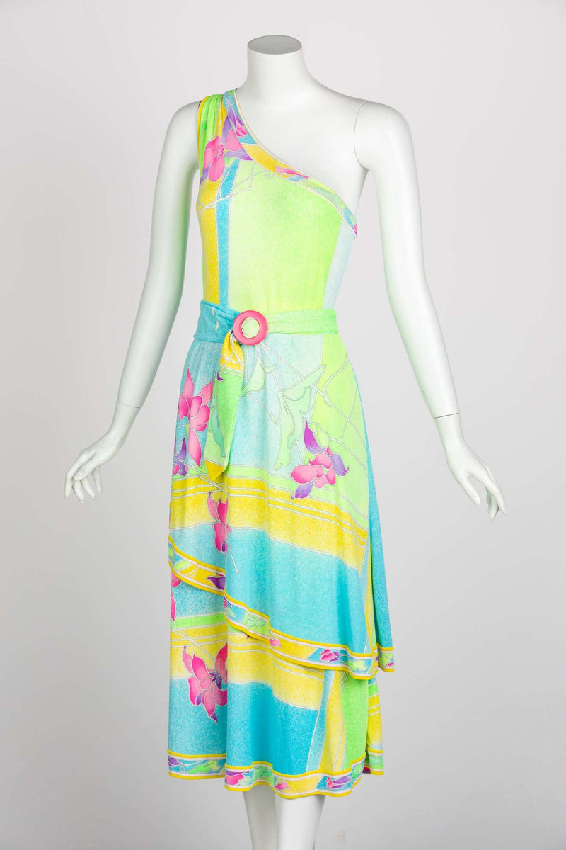 Vintage Léonard Paris One Shoulder Belted Jersey Dress