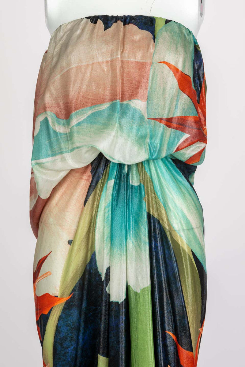 Lanvin Alber Elbaz Tropical Print Metallic Lamé Strapless Draped Maxi Dress 2013