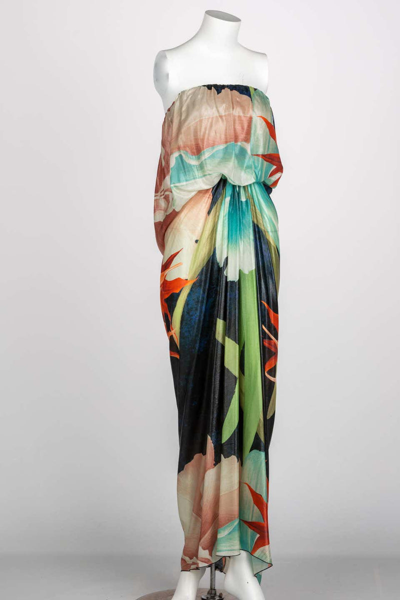 Lanvin Alber Elbaz Tropical Print Metallic Lamé Strapless Draped Maxi Dress 2013