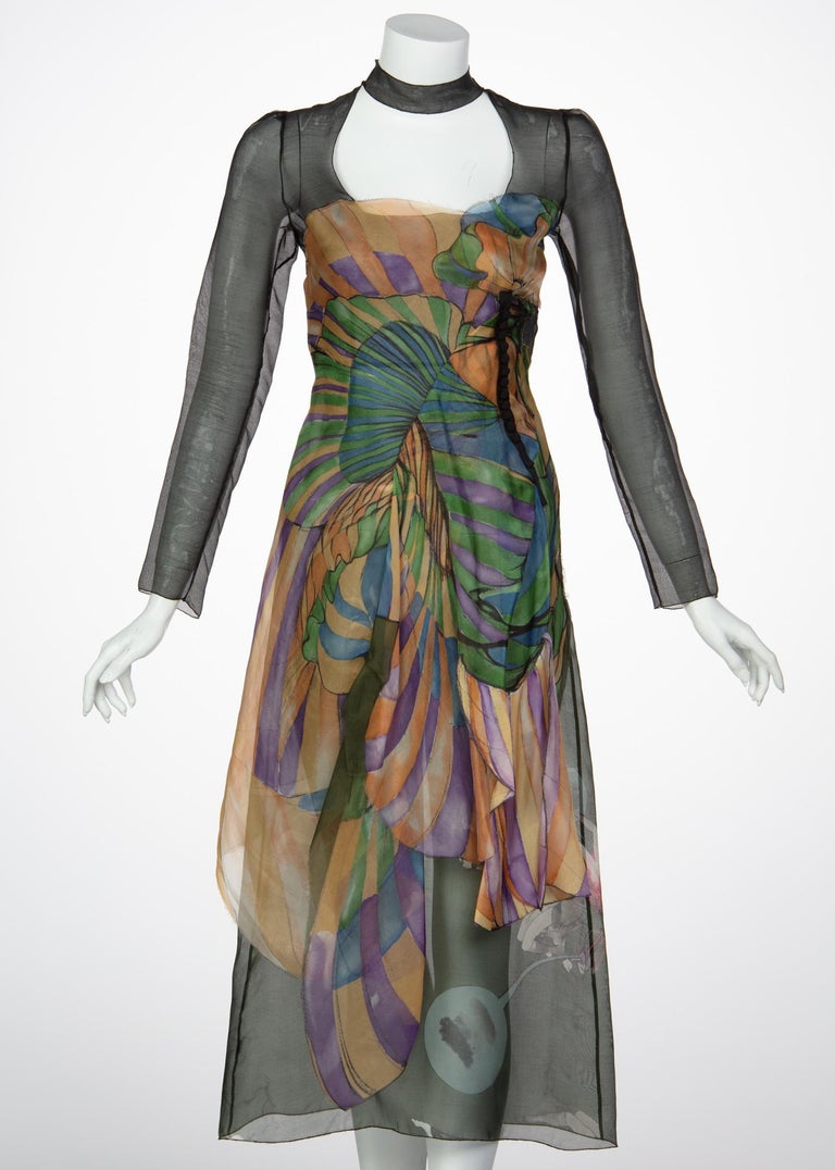 Prada James Jean Fairy Runway Black Printed Silk Dress, 2008
