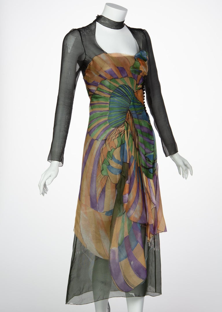 Prada James Jean Fairy Runway Black Printed Silk Dress, 2008